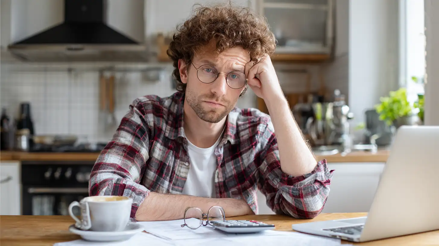 Svensk person som jämför olika räntor på billån vid köksbordet med dator och kaffe.