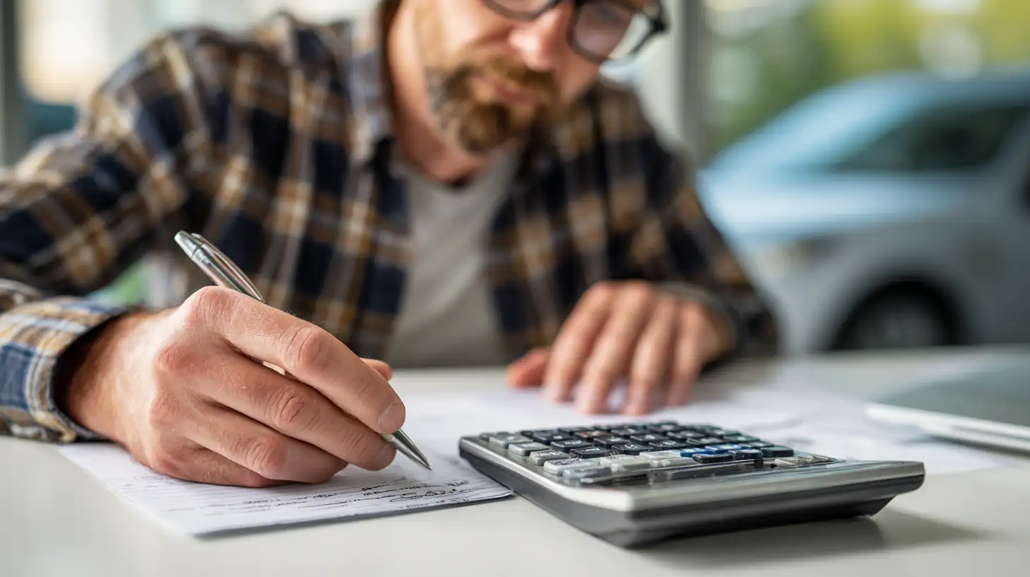 Man räknar på sin billåneränta med penna, miniräknare och papper hemma.