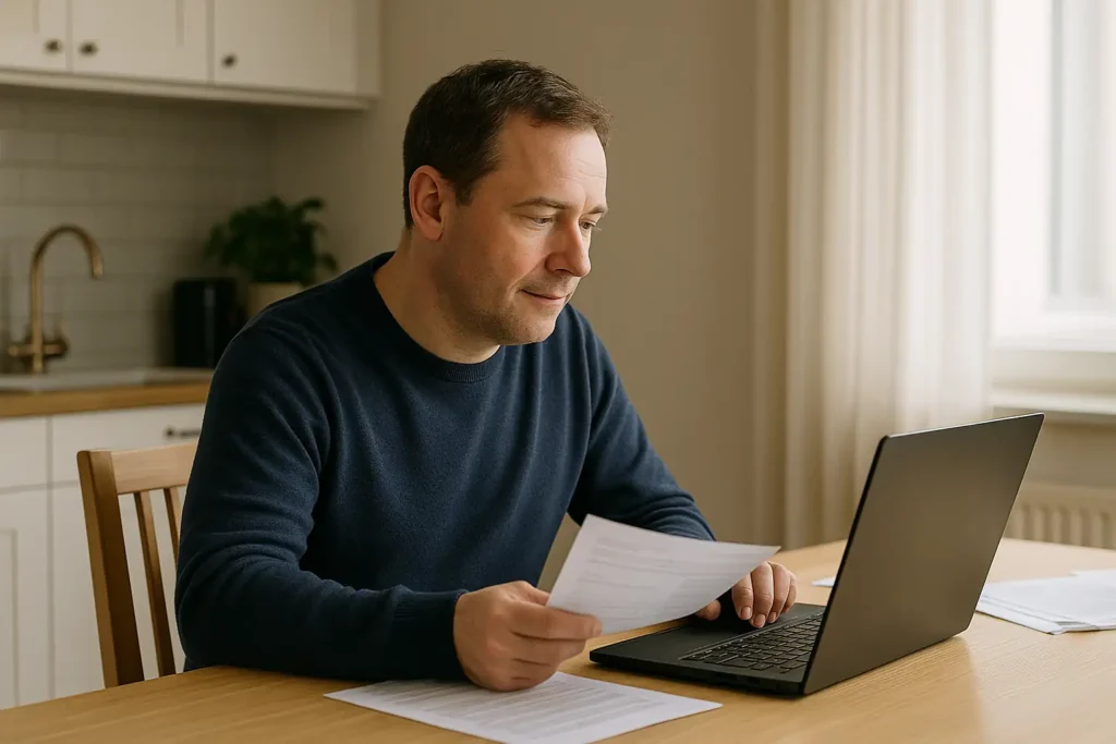 Svensk person som diskuterar bolåneränta med bankdokument på datorn i lugn hemmamiljö.