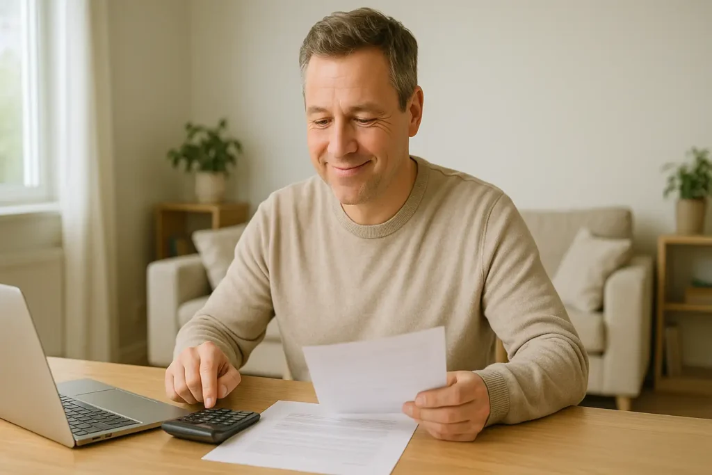 Man beräknar sin bolåneränta med miniräknare och papper i ljus hemmamiljö.

