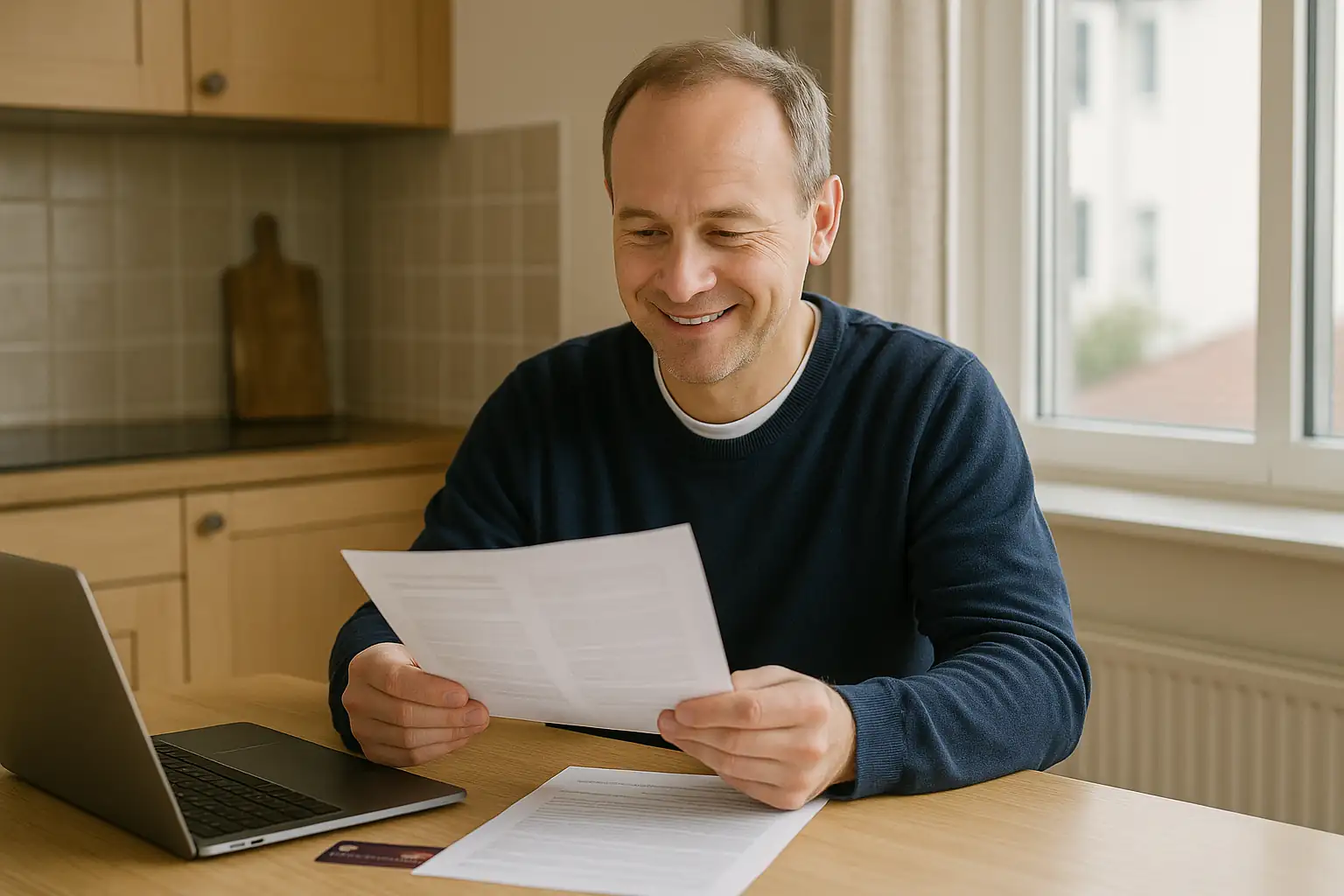 Svensk vuxen läser kreditkortsavtal och jämför räntor vid köksbordet.