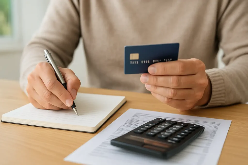 Närbild av händer som räknar och antecknar olika kreditkorts-räntor.