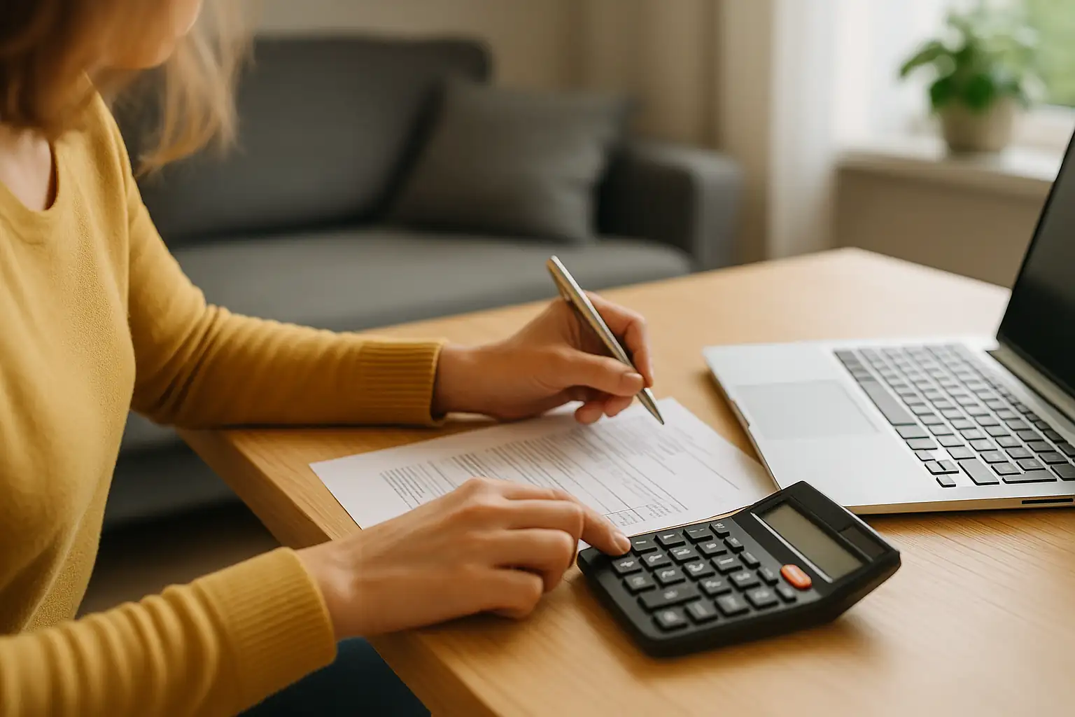 Händer som räknar på olika räntor och lånevillkor.