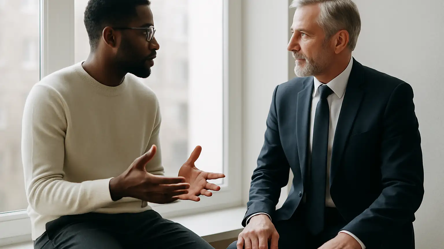 Två personer för ett lugnt samtal vid ett fönster i neutralt dagsljus.