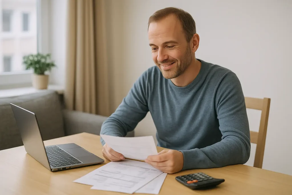 En person går igenom sin ekonomi vid köksbordet för att förbättra sin kreditvärdighet.
