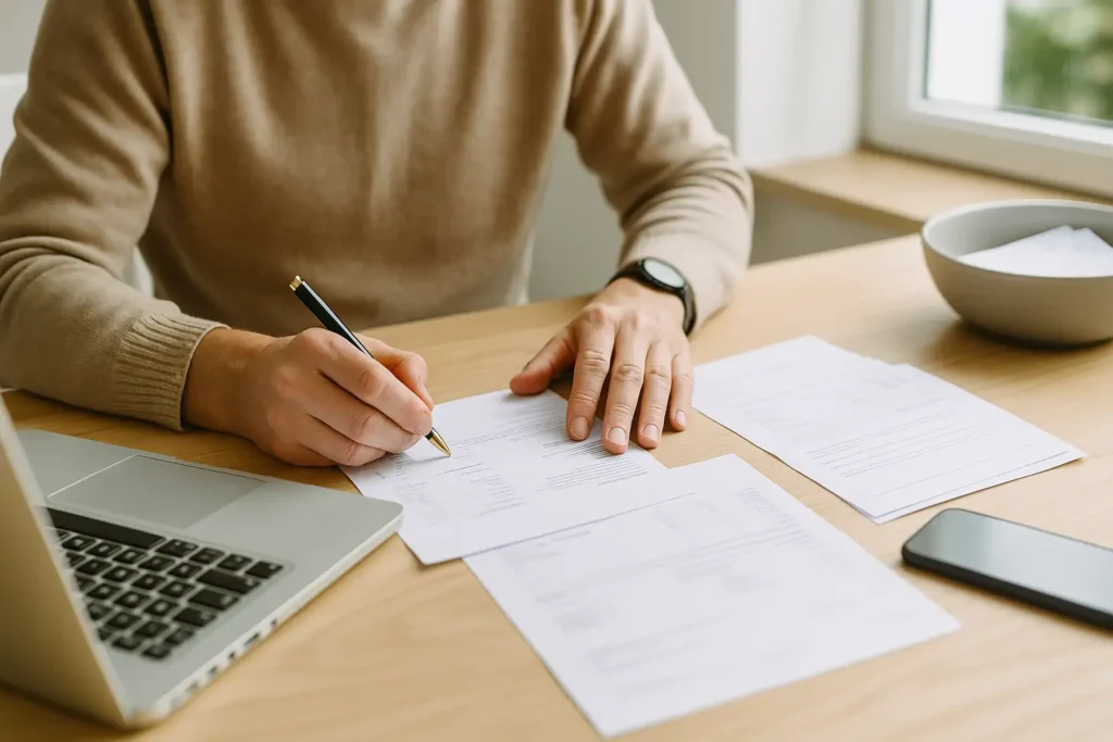 Närbild av händer som betalar räkningar och planerar för att stärka kreditvärdigheten.